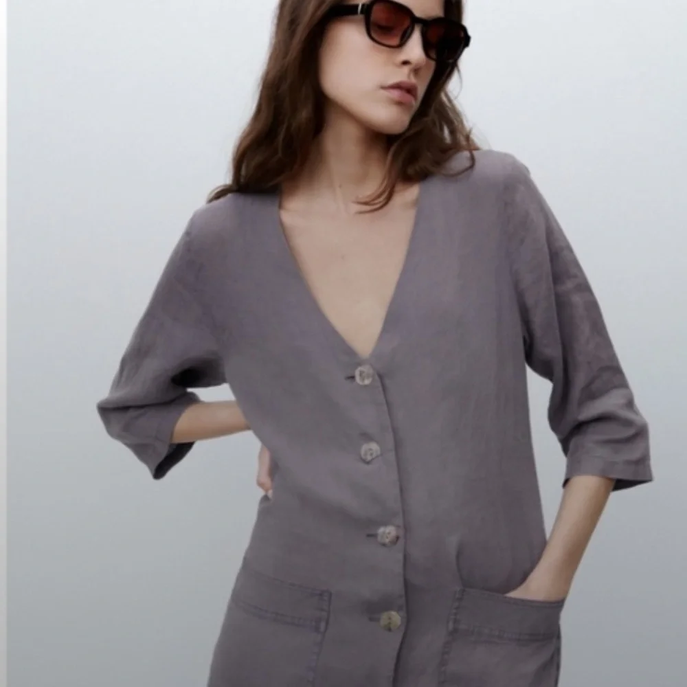 ZARA Lillian Gray Linen Jumpsuit Button-Down Linen Romper Women’s Size Medium